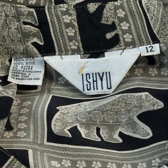 Ishyu VTG Novelty Bear Print Blouse Women's 100% Silk Tops SZ 12 Allover Bold - Picture 9 of 10